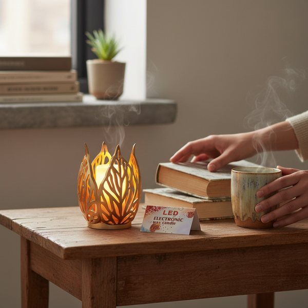 Gold Leaf Tealight Candle Holder emitting warm light on a wooden table with a steaming mug and books.