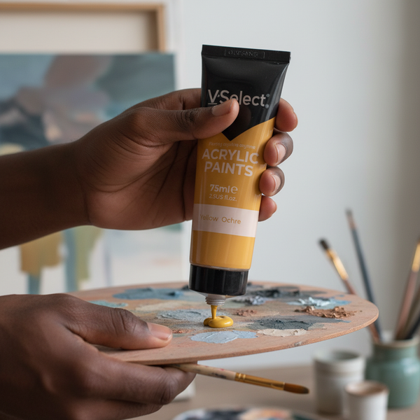 Person holding a tube of Acrylic Paint 75ml - Yellow Ochre with paint palette in background.