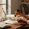 Artist using 75ml Acrylic Paint - Yellow Mid on a palette with other colors, creating vibrant artwork.