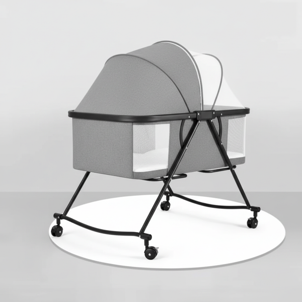 Foldable Aluminum Alloy Baby Crib with Removable Mattress in grey color, featuring a mesh design and wheels for mobility.