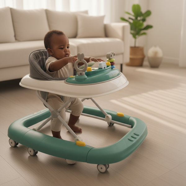 Baby Walking Assistant Toddler helping a baby take first steps with support and toys in a bright living room
