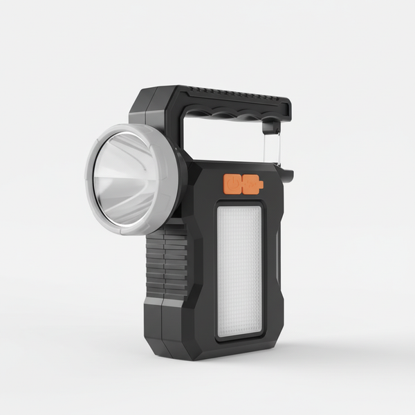 Solar-Powered Super Bright LED Searchlight showcasing a robust flashlight design with a large lens and durable casing.