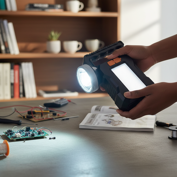 Person holding a Solar-Powered Super Bright LED Searchlight while working on electronics at a table.