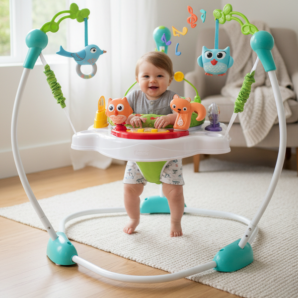Multifunction Baby Jumperoo Learning Walker with Music in use, featuring toys and a happy baby engaged in play.