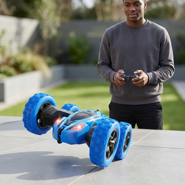 A person controlling a 2.4GHz Double-Sided 360 Stunt Remote Control Car on a smooth surface outdoors.
