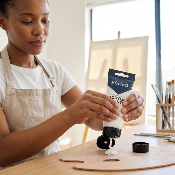 Acrylic Paint 75ml Titanium White being squeezed from a tube into a palette by a focused artist.
