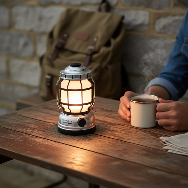 Rechargeable Waterproof Camping Lantern on a wooden table, providing light and warmth with a steaming mug.