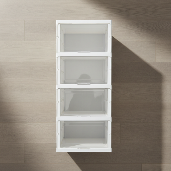 Clear Foldable Shoe Storage Rack 4 Tier with four transparent compartments on a wooden floor.