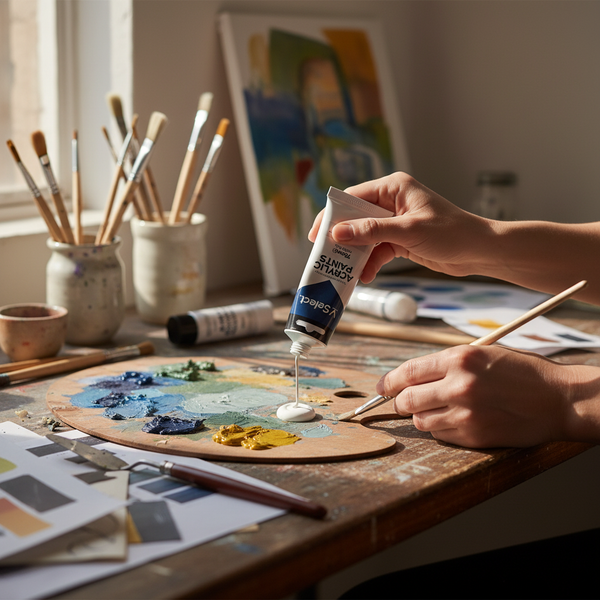 Acrylic Paint 75ml Titanium White being used to blend colors on a wooden palette in an artist's studio.