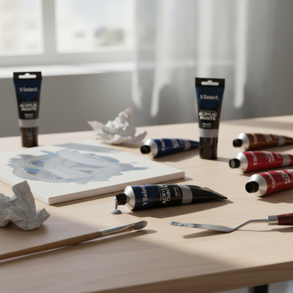 Acrylic Paint 75ml - Black tube among various colors, with a palette and brush on a desk for creative projects.