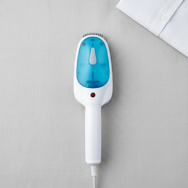 Travel Portable Iron Steamer on a light fabric background next to a white shirt for wrinkle-free clothing.