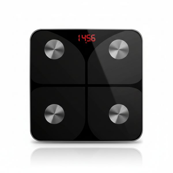Smart Body Scale showing weight of 145.6 with a sleek black design and stainless steel accents.