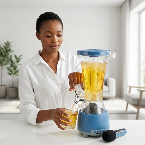 RGB 2L Capacity Party Fruit Juice Beverage Dispenser in use, serving drinks at a gathering with LED lighting.