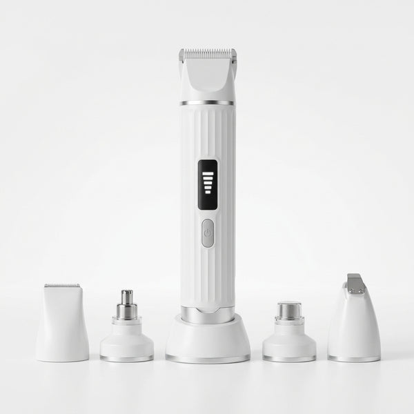 USB Rechargeable Professional Pet Grooming Trimmer with multiple attachment heads for precise grooming.
