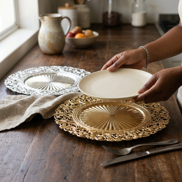 Person placing a plate on a 13-inch Eco-Friendly Charger Plate on a rustic wooden table.