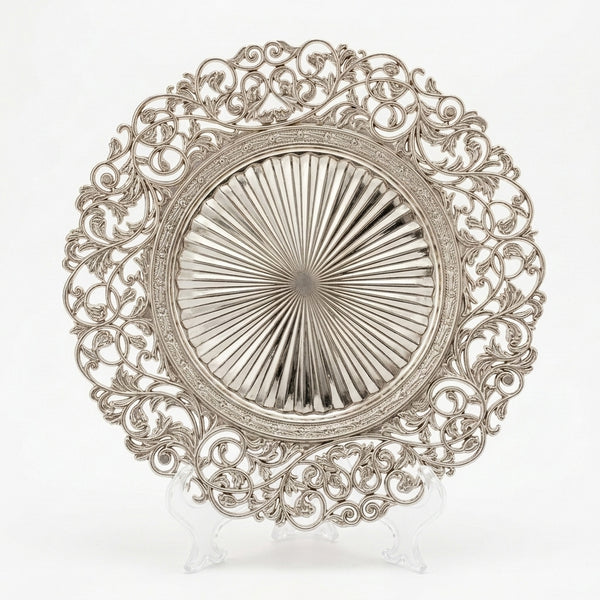 13-inch Eco-Friendly Charger Plate featuring an ornate silver design with intricate detailing for elegant table settings.