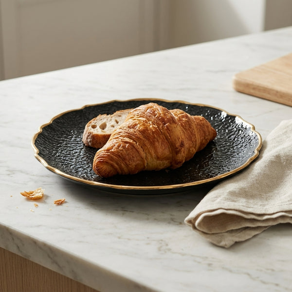 European Vintage Dinner Plate with a croissant and bread on a marble countertop, perfect for elegant dining.
