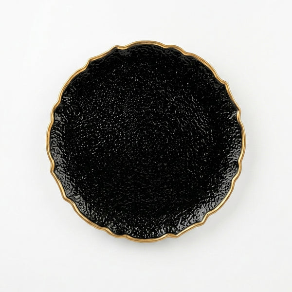 European Vintage Dinner Plate - Elegant ceramic decor with a textured black surface and a decorative gold rim.