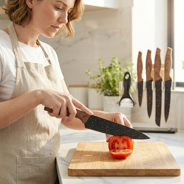 Woman slicing a tomato with a knife from the 5 Piece Professional Antibacterial Kitchen Chef Knife Set.