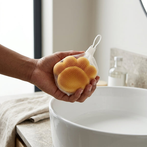 Soft Slow Rising PU Butter Stick Squishy Toy: Person holding a mesh bag of sponge balls near a wash basin in a bright kitchen.
