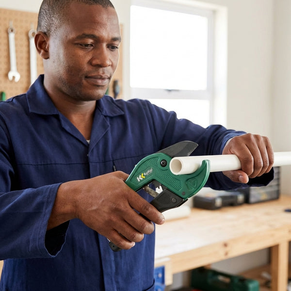 Man using High Quality PVC Pipe Cutter Tool to cut a white plastic pipe in a workshop.