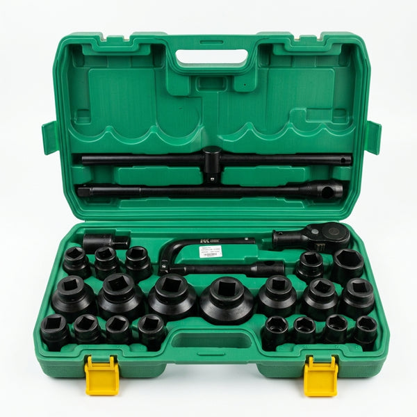 Heavy Duty 26-Piece Socket Wrench Set in green case with various socket sizes and tools for high-torque jobs.