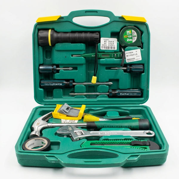 37 Piece Multifunctional Power Tool Set in a green carrying case with assorted tools for car repair and maintenance.