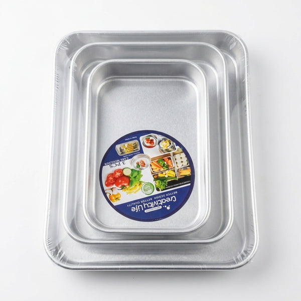 3-Piece Aluminum Nesting Oven Tray Set showcasing three durable trays designed for efficient cooking and storage.