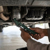 Using a Double Chain Oil Filter Wrench Tool to remove an oil filter under a car.