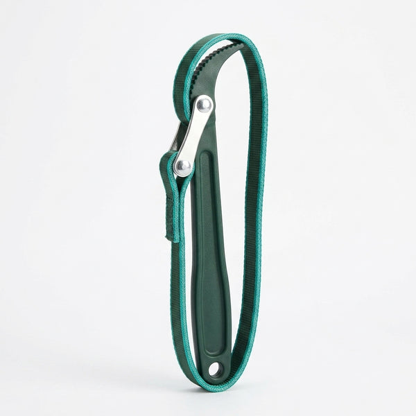 9 Inch Adjustable Strap Oil Filter Wrench with green strap and ergonomic handle for easy grip and use.
