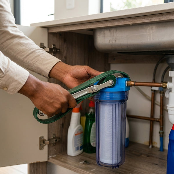 Person using a 9 Inch Adjustable Strap Oil Filter Wrench on a cylindrical filter under a sink.