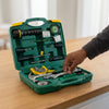 37 Piece Multifunctional Power Tool Set with various tools seen in an open carrying case on a wooden surface.