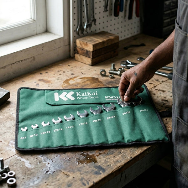 10 Piece Double Open End Spanner Set displayed in a tool roll, showcasing various spanner sizes for automotive and DIY tasks.