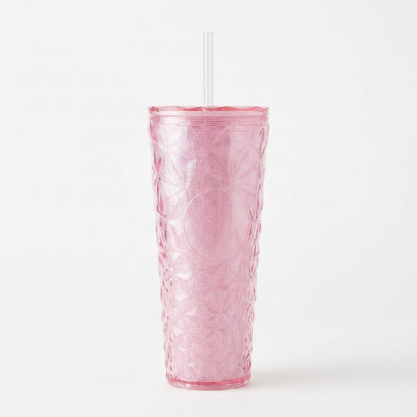 Diamond Pattern Glitter Double-Wall Tumbler with Straw