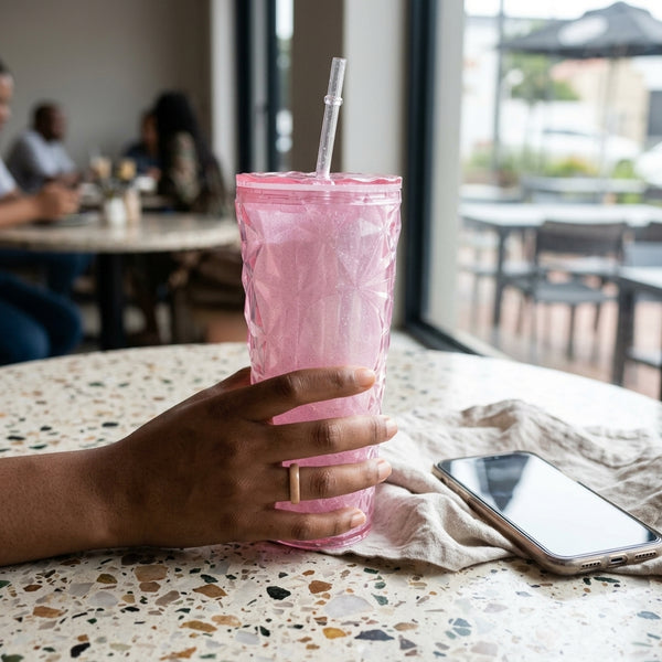 Diamond Pattern Glitter Double-Wall Tumbler with Straw