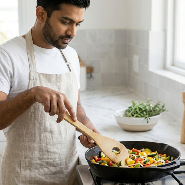 Natural Beechwood Cooking Spoon being used to stir colorful vegetables in a skillet.