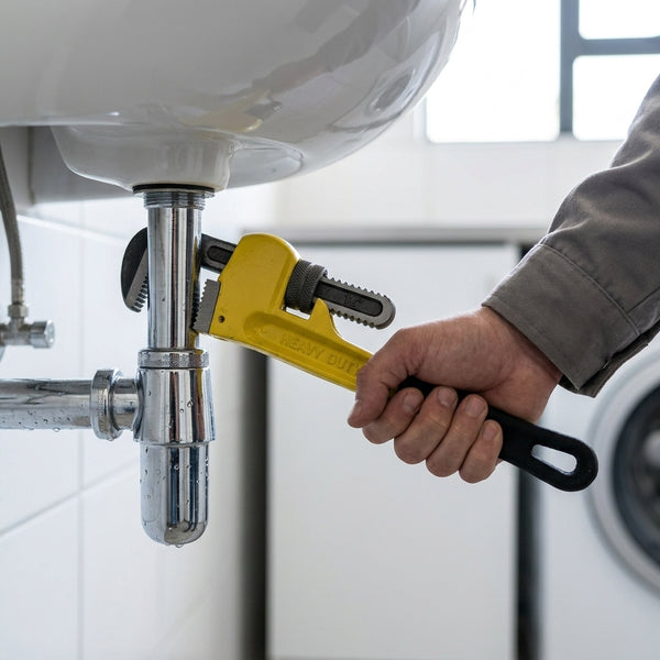 Person using Heavy-Duty 55mm Steel Adjustable Pipe Wrench to tighten plumbing under a sink.