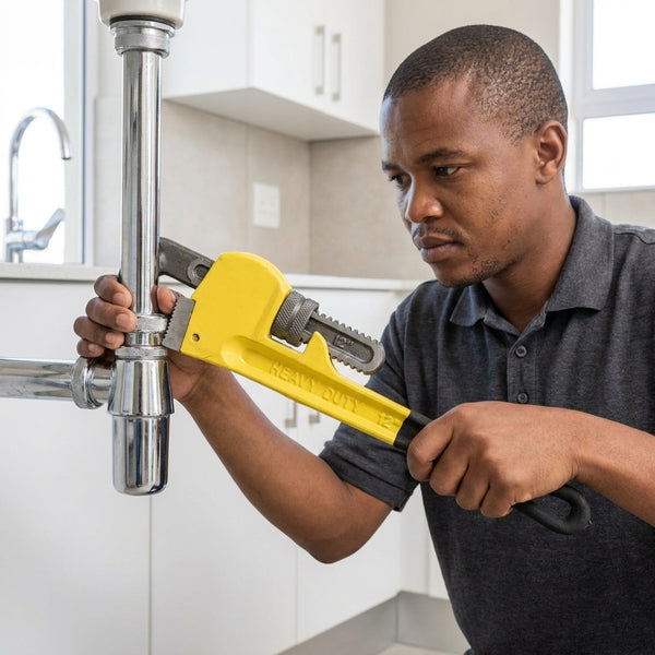 A plumber using a Heavy-Duty 55mm Steel Adjustable Pipe Wrench on a metal pipe in a modern kitchen.