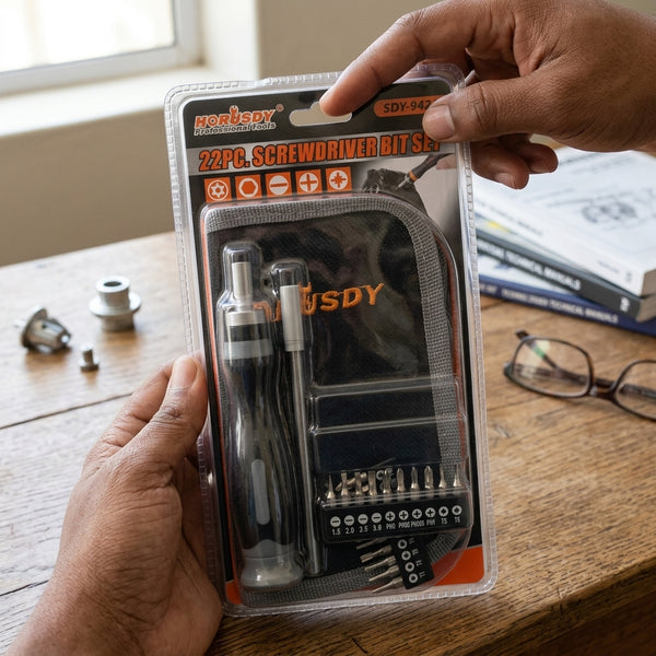 22 Piece Screwdriver Bit and Precision Set in packaging, ideal for household maintenance and electronics repairs.
