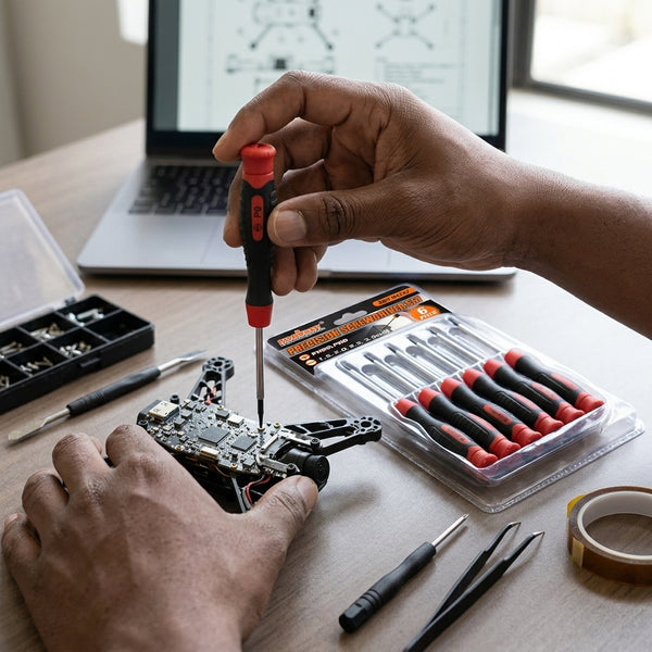 Person using a 7-Piece Precision Torx Screwdriver Set to repair electronics.