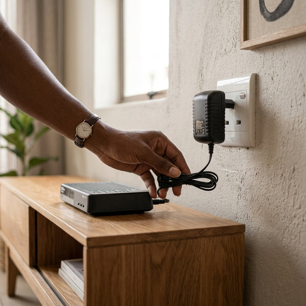 5V 2A DC Power Supply Adapter plugged into a wall outlet with a device on a wooden table.