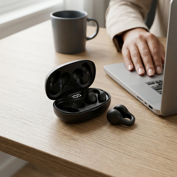 X58 TWS Wireless Ear Clip Sports Headphones in charging case on a wooden table with a laptop and coffee cup.
