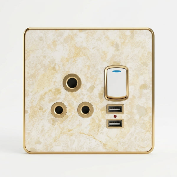 Golden 3-Pin UK Standard Waterproof Wall Socket featuring USB ports and elegant design.