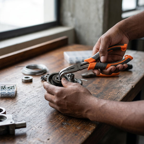 Person using Bent Nose Pliers to grip and manipulate mechanical parts on a wooden workbench.