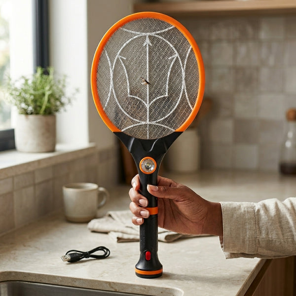Rechargeable Electric Mosquito Killer Racket Fly Swatter in hand, ready to eliminate flying pests.