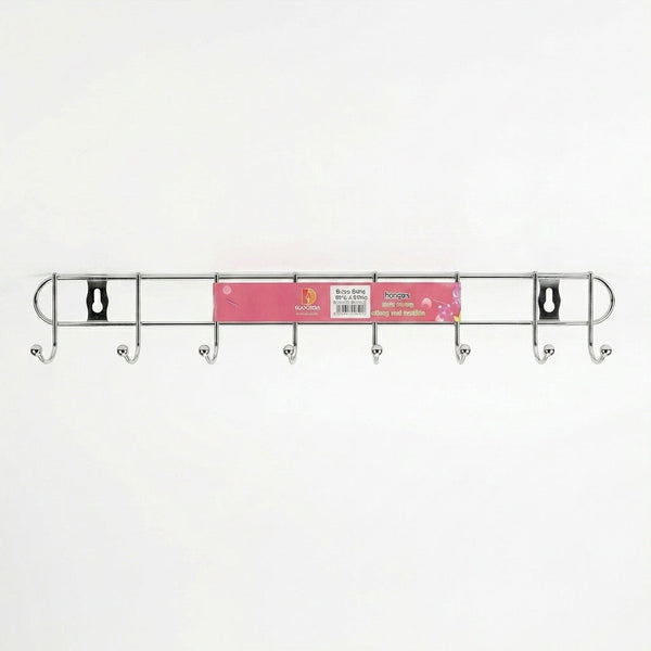 Chrome Plated 8-Hook Wall Mounted Rail with a shiny polished finish and eight hooks for versatile storage.