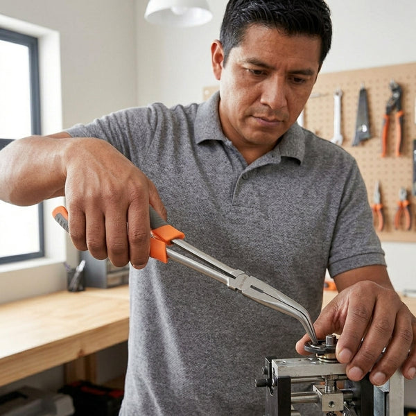 Person using Bent Nose Pliers for precise work in a workshop, demonstrating effective gripping and control.
