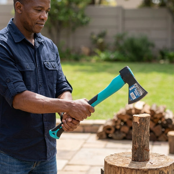 Man using a 600g Ergonomic Camping Hatchet to chop wood in a backyard setting.