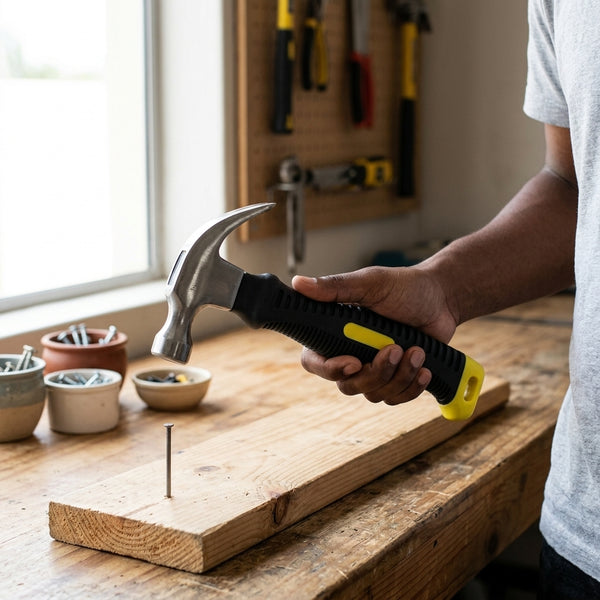 8oz Stubby Claw Hammer with Magnetic Nail Starter being held over a wooden surface with a visible nail.