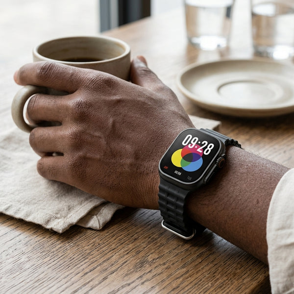 Waterproof Bluetooth Fitness Smartwatch displaying time and colorful interface, worn on a wrist while holding a cup.